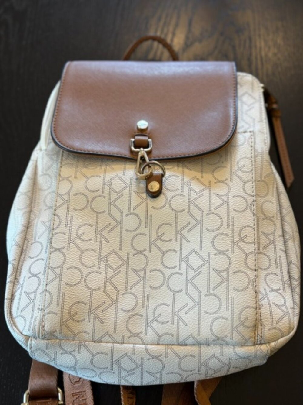 Calvin Klein Signature Flap Backpack in Taupe and Cream